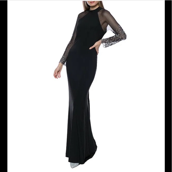 MARINA Dresses & Skirts - NWT,Marina dress Raglan Beaded Mesh Long Sleeve Crew Neck Jersey Sheath Gown